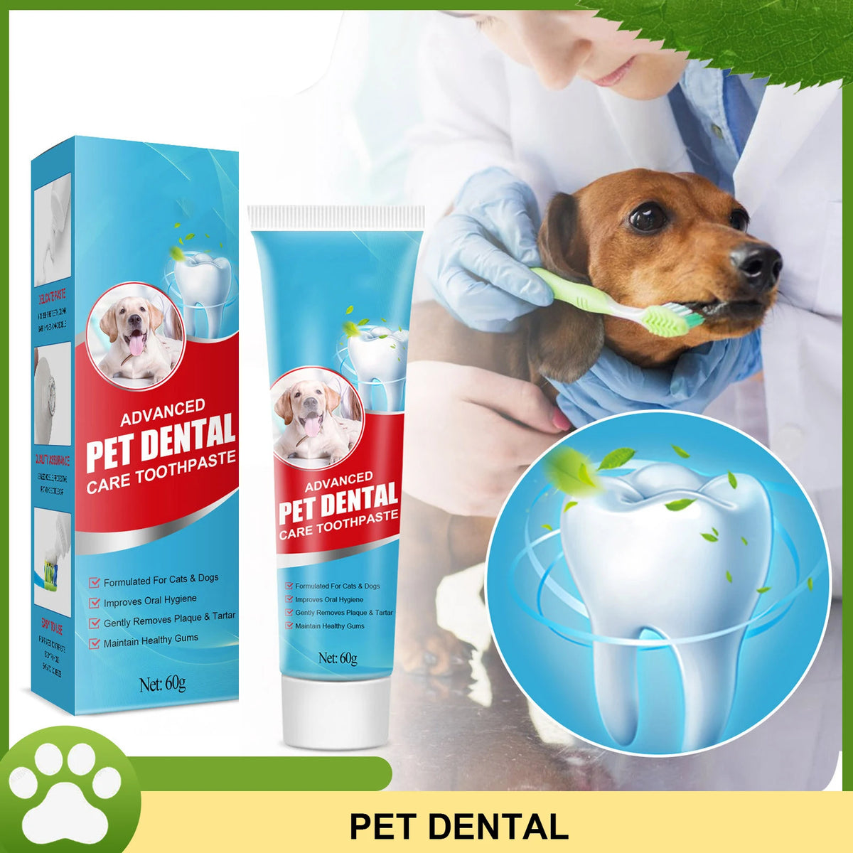 60g Pet Dental Care Toothpaste Plant Fresh Breath Plaque&Tartar Control Edible Oral Care for Dog Cat