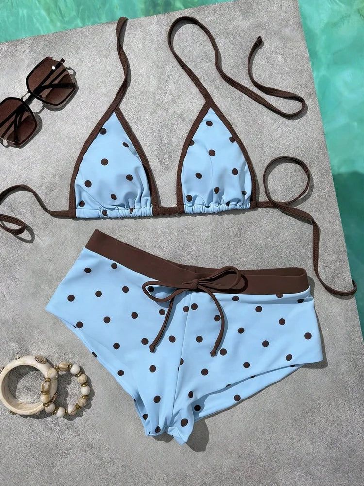 Women's Polka Dot Brazilian Bikini Set Sexy Triangle Top Exposed Back Side Slotted Thong Bottom Two-Piece Swimsuit