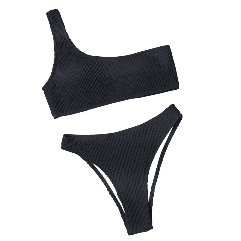 One Shoulder Bikini Textured Swimwear High Cut Swimsuit Solid Bathing Suit Women Brazilian 2024 Fashion