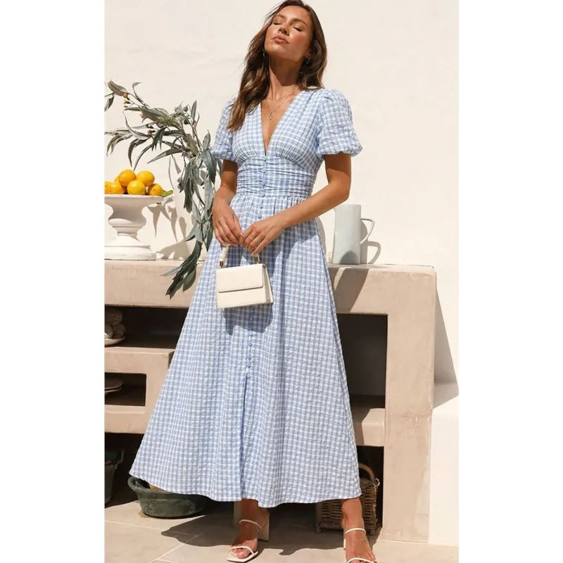 Woman Summer Elegant Midi Dress Sexy Deep V-neck Puffed Sleeves Simple Style High Waist Dresses Lady Solid Color Sweet Vestidos