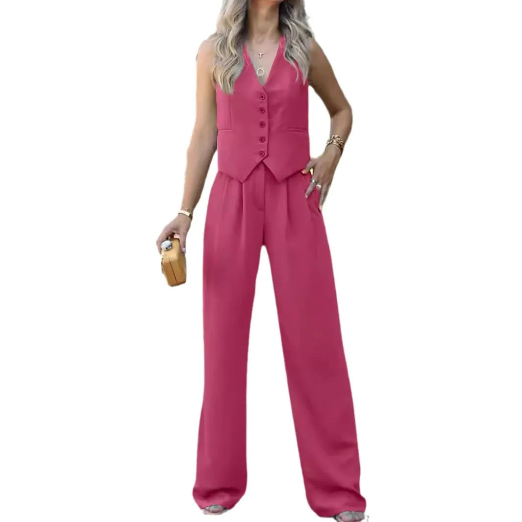Wolfeel Womem Autumn Ol Chic Vest ＆ Pants With Pocket Suit Two-piece Set Office Ladies Summer Chic 2 Piece Sets Womens Outfits
