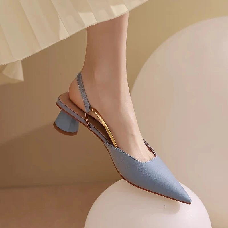 French Satin Style Sandals 2023 Spring Women New Pointed Mid Heel Design Luxury Versatile Single Shoes Zapatos De Mujer Trafza