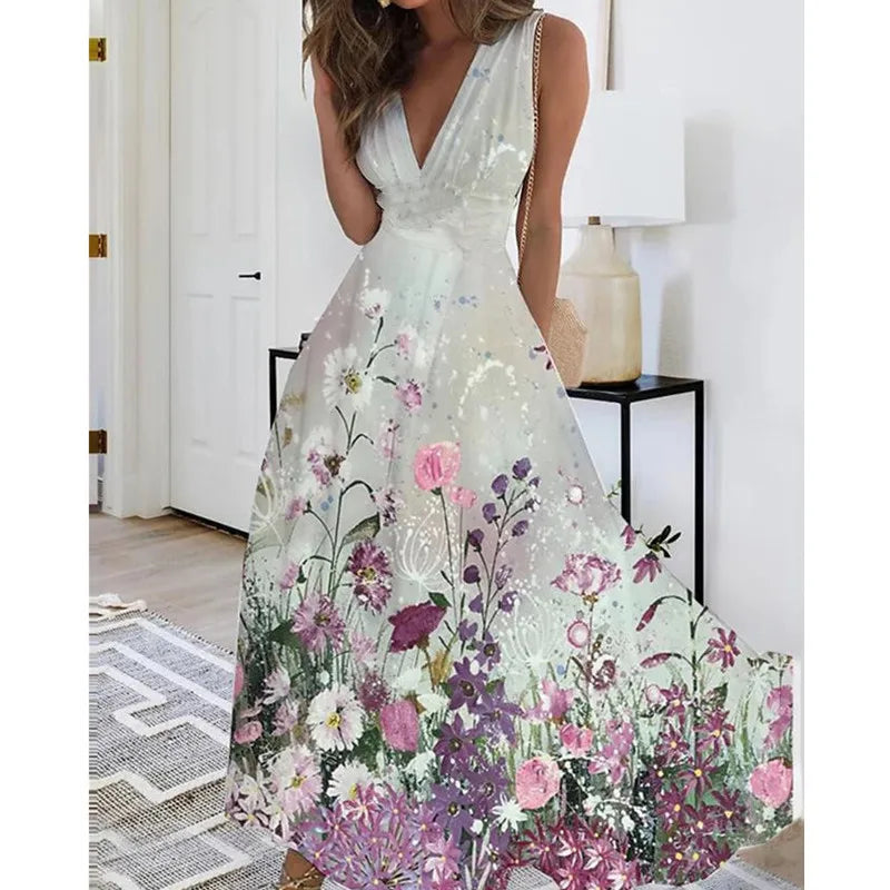 Women Dresses 2026 summer new V-neck high-waisted sleeveless floral printed sexy vest long dress women's clothing vestidoes