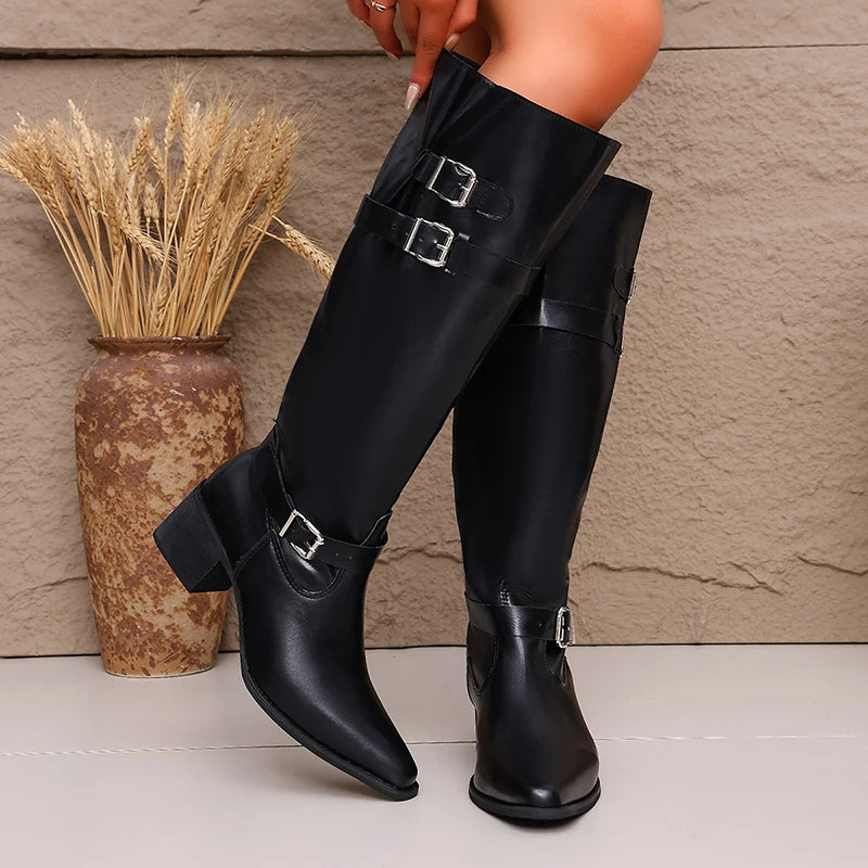 Fashion Faux Suede Knee High Boots Women 2026 Autumn Pointed Toe High Heel Western Boots Woman Chunky Heeled Cowboy Long Botas