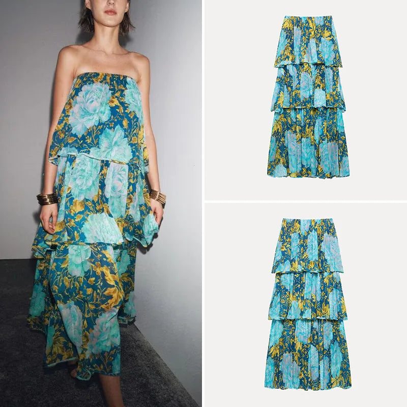 Elegant Floral Print Off-Shoulder Dress Street Style Vest Dress Spring 2025 ZADATA Polyester Fiber 100% Women's Fashion