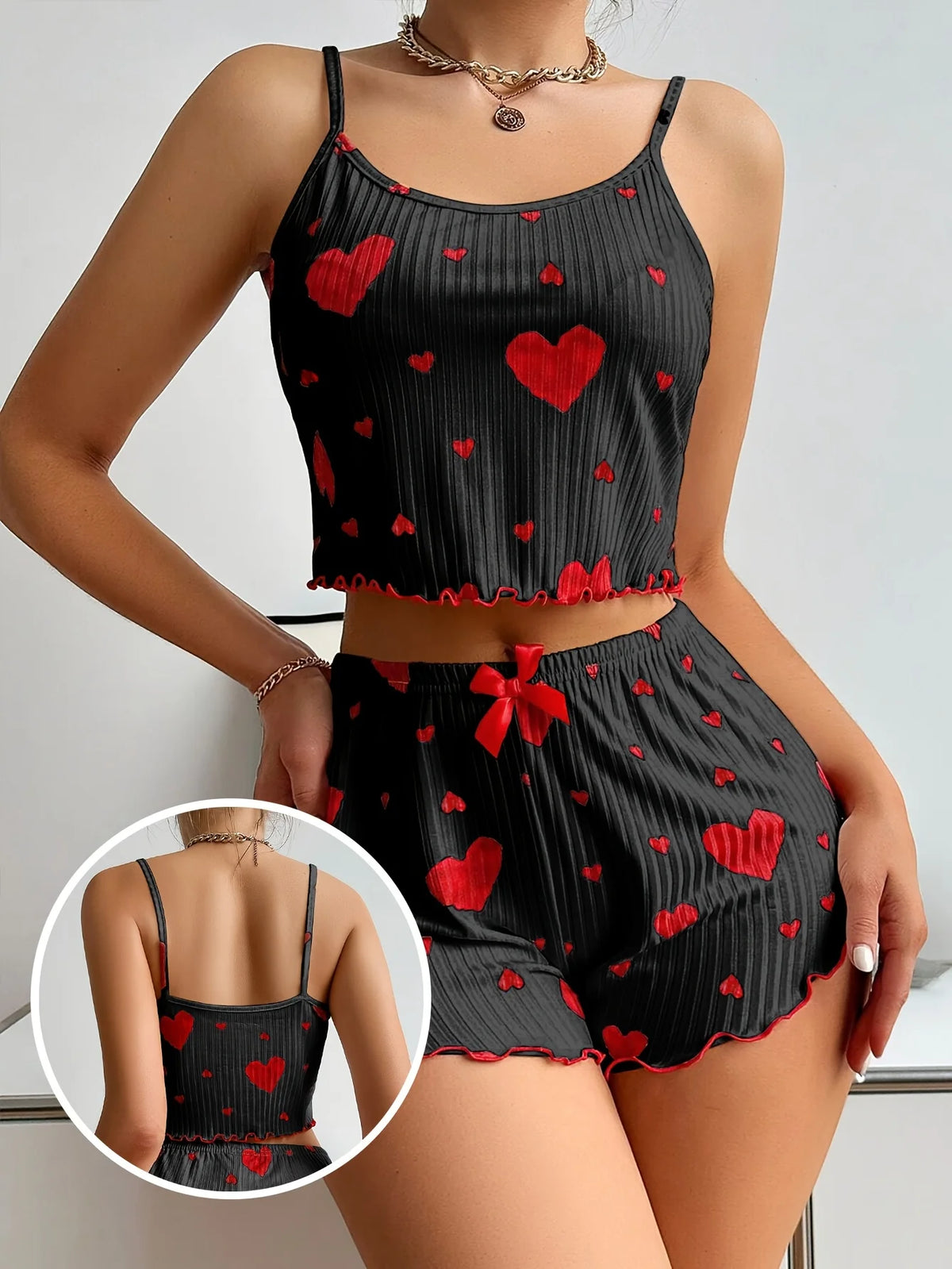 Women 2 Pieces Pajamas Set Homewear Heart Print Underwear Pijamas Sexy Lingerie Camisoles Shorts Sets Nighty Sleepwear