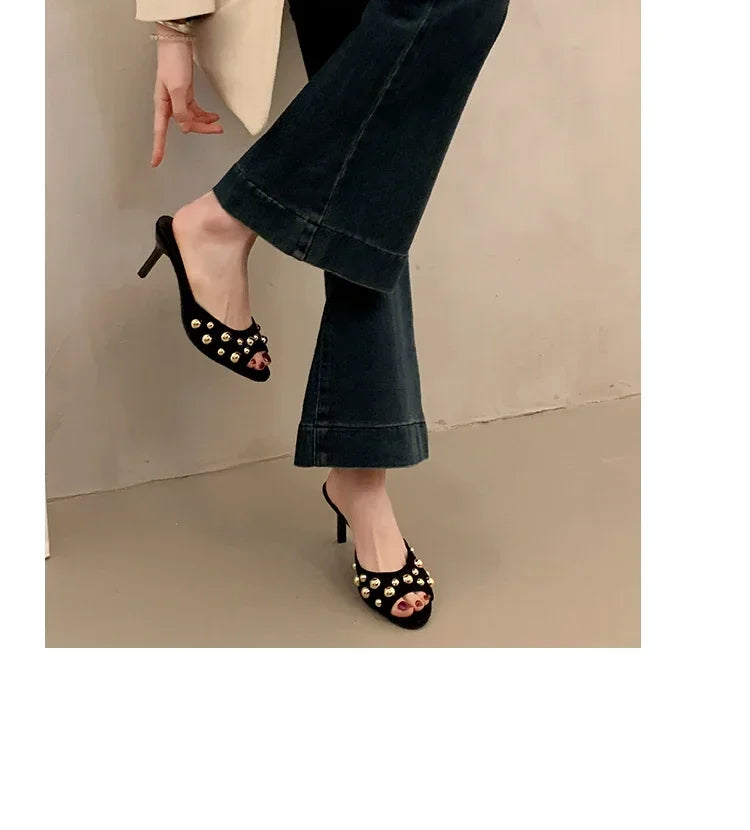 2026 Summer New Women's Shoes Black Velvet Effect Studded Backless One-foot Stiletto Sandals Women's High Heels Zapatos De Mujer