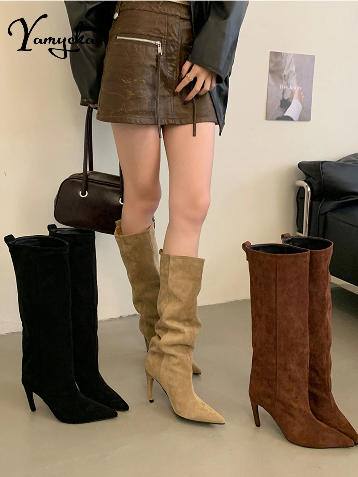 Sexy Pointed Toe High Boots Women Fashion Long Booties Zapatos for Woman Elegant Party Straight High Heel Shoes Winter Footwear