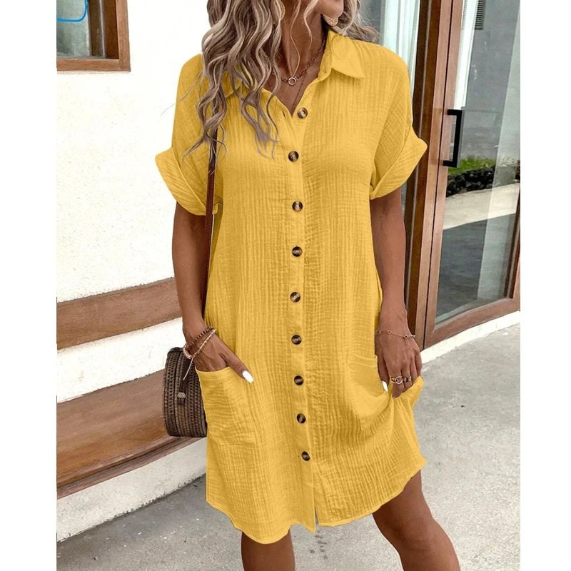 Vintage Women Solid Mini Dress Summer Fashion V-neck Three Quater Sleeve Cotton Linen Dress Ladies Casual Holiday Vestidos
