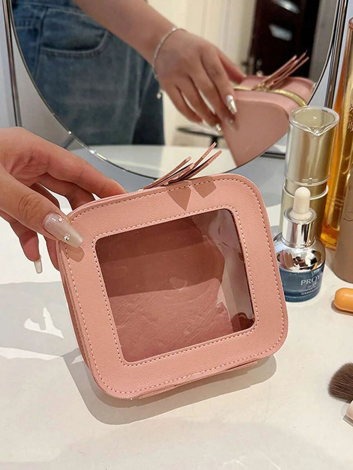 1 piece mini makeup bag - women's small makeup bag, waterproof travel toiletry bag, transparent console organizer bag with transparent window and gold zipper, lunch bag, travel bag, women's bag, small makeup bag/small makeup