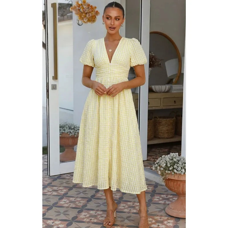Woman Summer Elegant Midi Dress Sexy Deep V-neck Puffed Sleeves Simple Style High Waist Dresses Lady Solid Color Sweet Vestidos