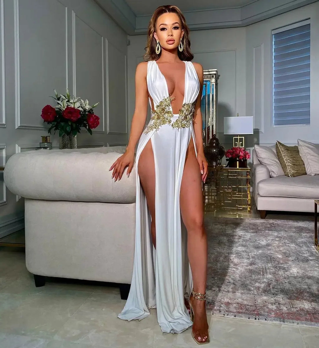 Sexy Club Famous Brand Dress Solid Embroidery V-neck Sleeveless Summer Sexy Celebrity Party Maxi Dress Vestidos