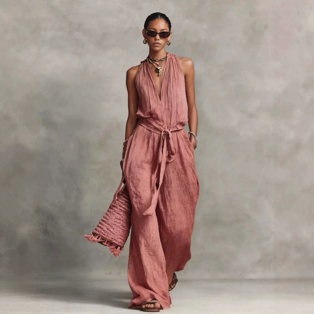 Summer Vestidos Women's Linen Hanging Neck Backless Lace Up Jumpsuit Holiday Sleeveless Solid Color Casual Loose Jumpsuit Dress