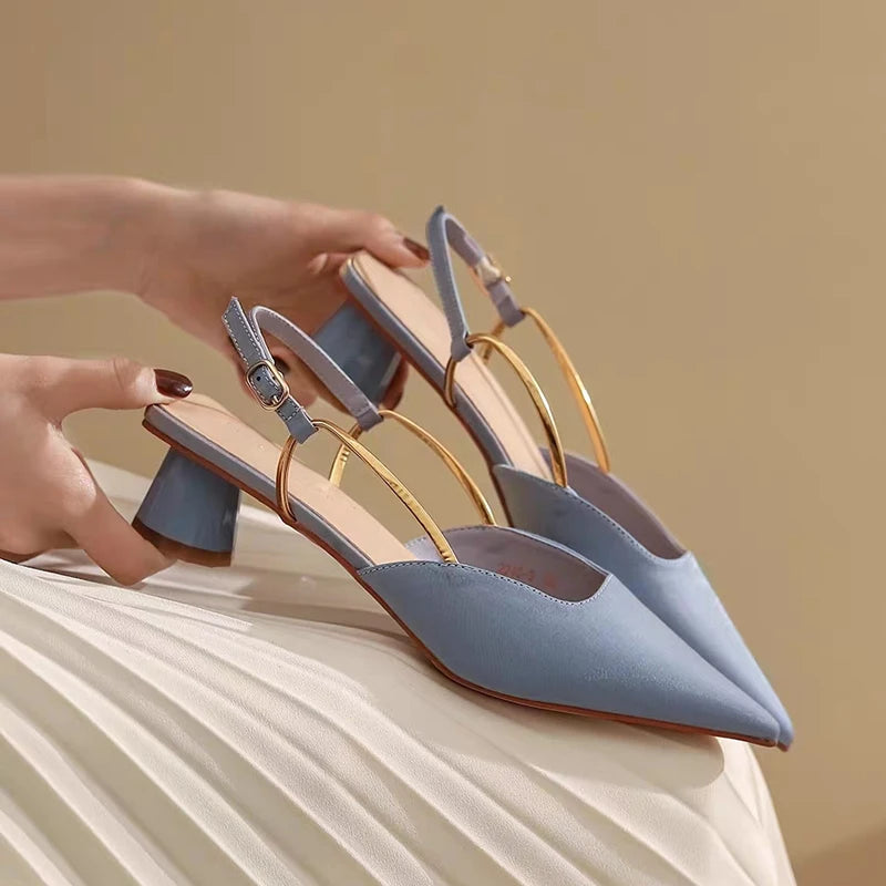 French Satin Style Sandals 2023 Spring Women New Pointed Mid Heel Design Luxury Versatile Single Shoes Zapatos De Mujer Trafza