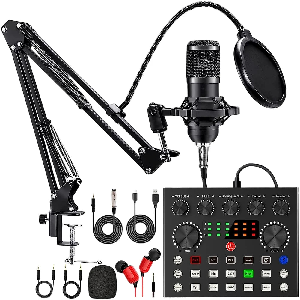 Podcast Equipment Bundle with BM800 Microphone and V8 Sound Card Metal Shock Mount Perfect for Podcasting Gaming Music Recording