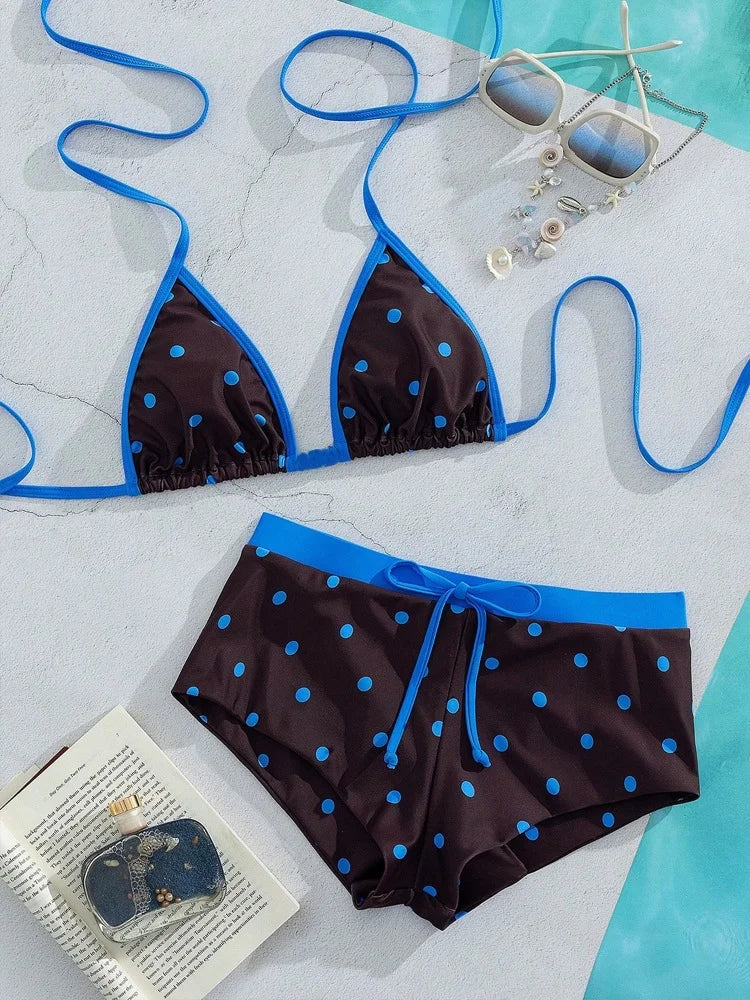 Women's Polka Dot Brazilian Bikini Set Sexy Triangle Top Exposed Back Side Slotted Thong Bottom Two-Piece Swimsuit