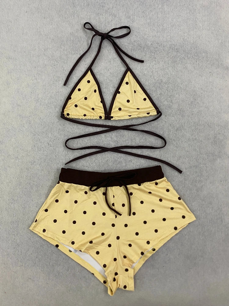 Women's Polka Dot Brazilian Bikini Set Sexy Triangle Top Exposed Back Side Slotted Thong Bottom Two-Piece Swimsuit