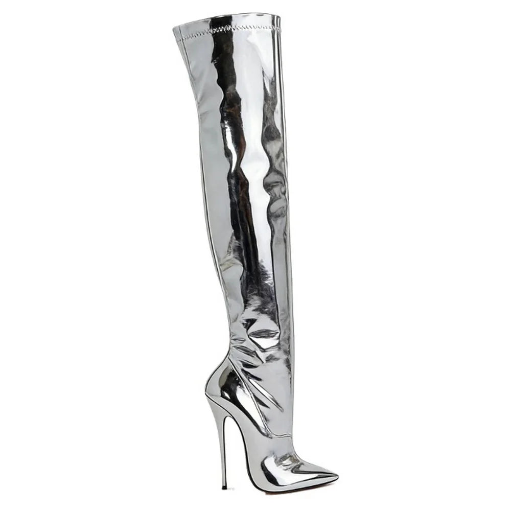 16cm Painting Heel Patent Leather Women's Thigh High Boots,Over The Knee Long Botas,Autumn/Winter Shoes,Gold,Blue,Custom Colors