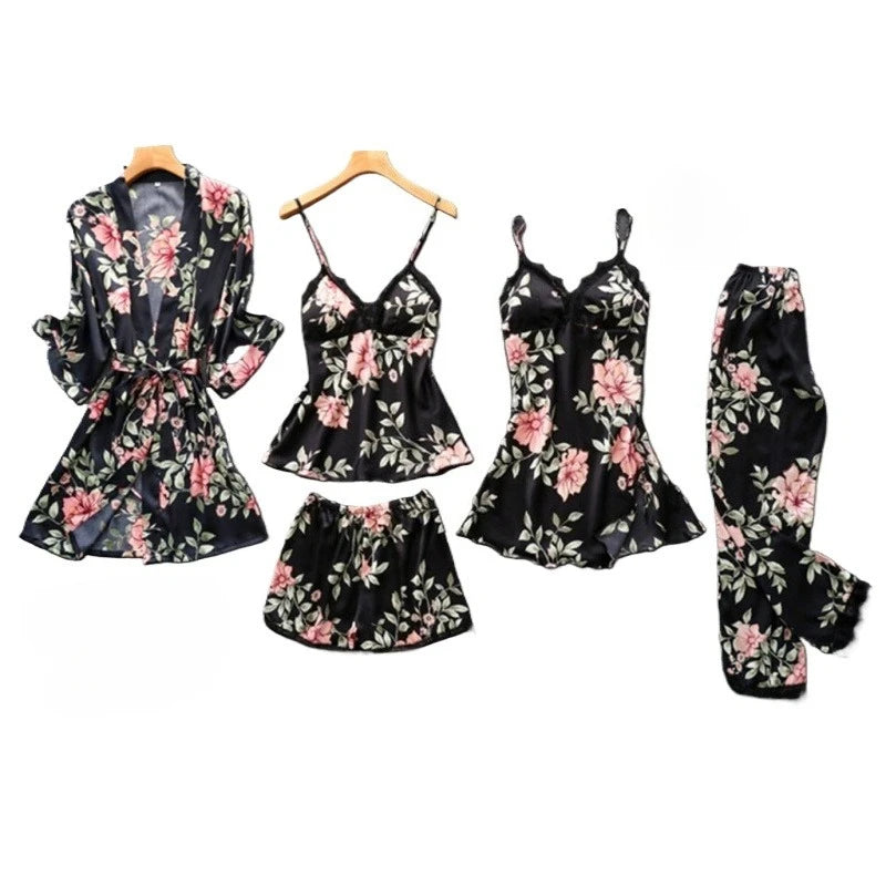 2026 Pajamas for Women Summer Sexy Pajamas Five-piece Set Suspender Pajamas for Women Home Wear with Chest Pad Bathrobe