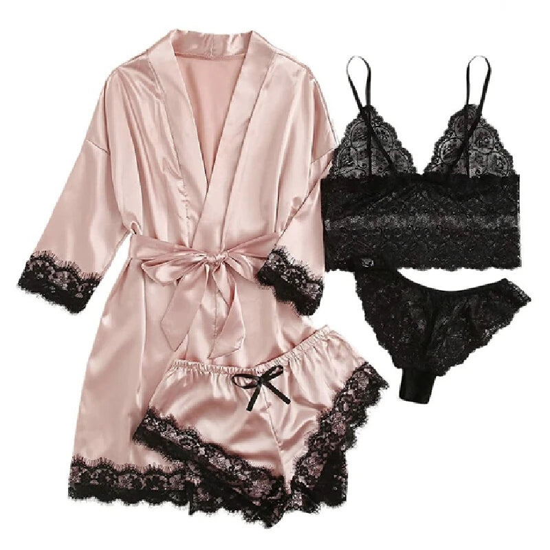 4-piece women's luxurious V-neck pajama nightgown sexy lace satin halter bathrobe silk satin home nightgown home sexy pajamas