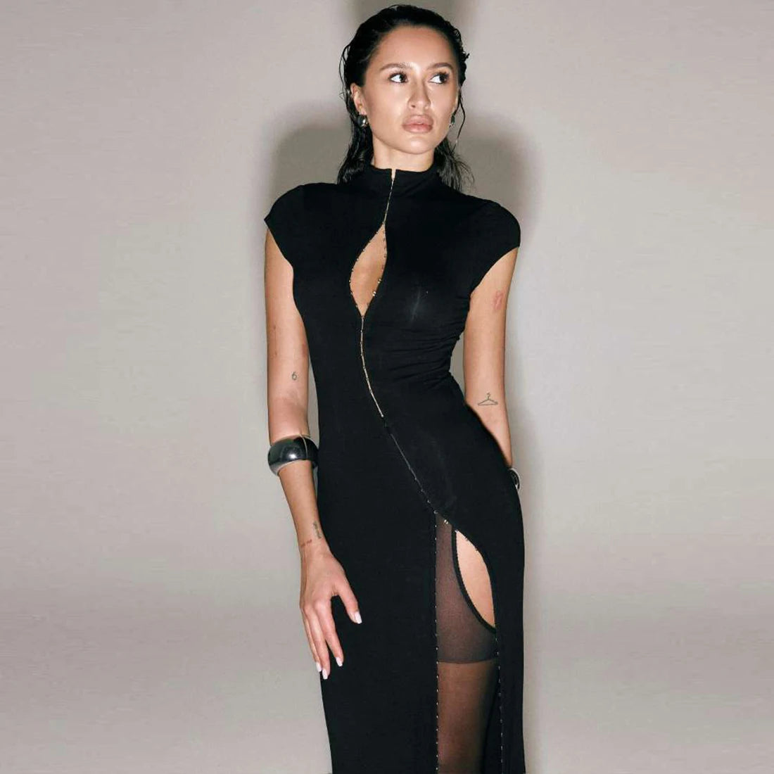 Woman Half Sexy High Splits Solid Long Dress  High Collar Short Sleeve Hollow Design Midnight Club Party Elegant Vestidos