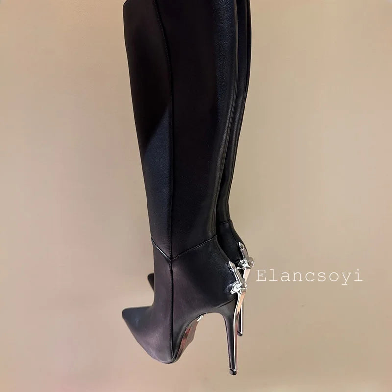 Runway Botas Sexy Black Suede Leather Knee-High Boots Super High Heels Women Autumn Winter Pointed Toe Strange Heels Long Boots