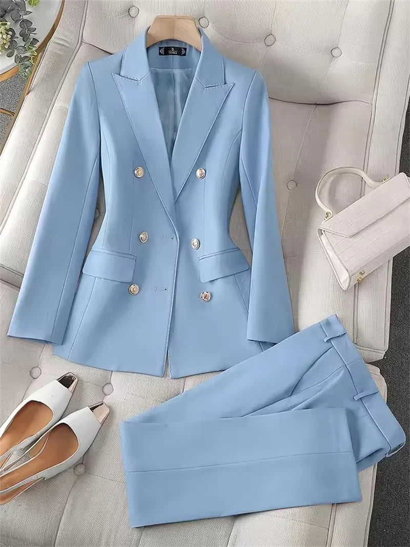 Fashion Office Ladies Pant Suit 2 Piece Sets Women Solid Double-breasted Business Work Wear Blazer Jacket and Trouser Female