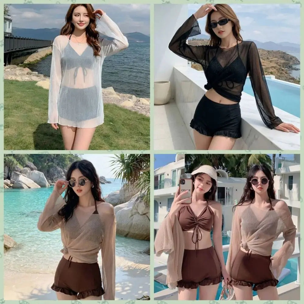 Beachwear Ruffles Bikini Set Transparent Pullover Slim Fit Long Sleeve Swimsuit Sun Protection Lace-up Bathing Suit Resort
