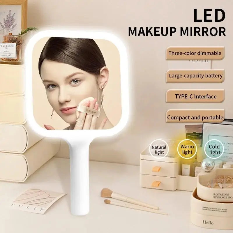 LED Smart Makeup Mirror Hand-held Carry 3 Colors Adjust Bright With Touch Screen Cosmetic Tabletop Vanty Mirror Travel Home Use
