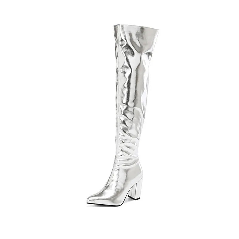 Sexy Over the Knee High Boots Women Party Dance Winter Shoes Ladies Silver Gold Thick High Heel Custom Botas Feminina WSH4928