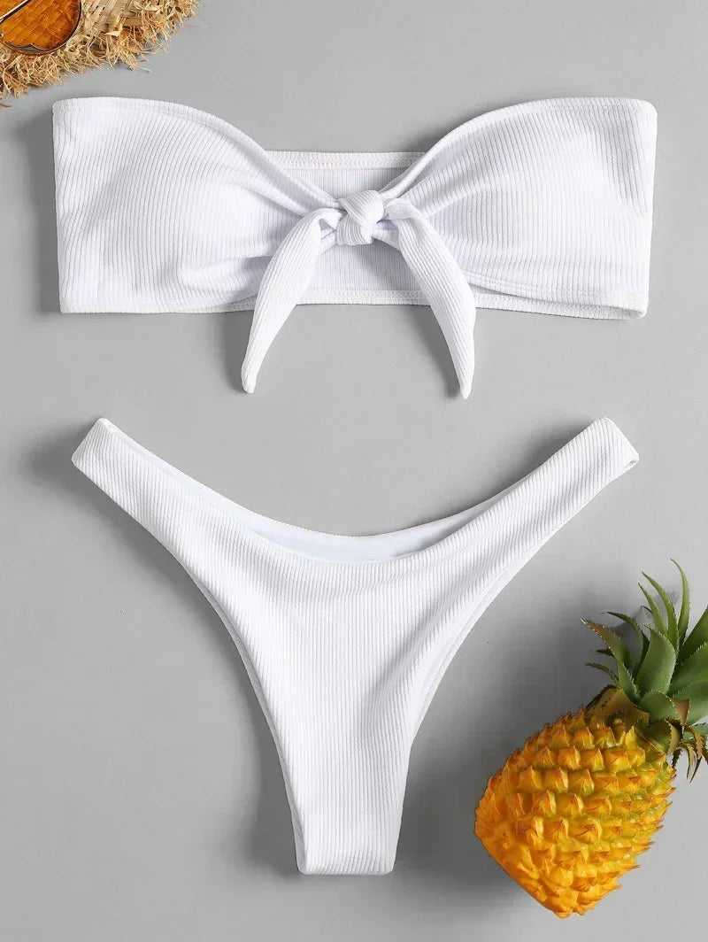 Sexy Tube Top Bow Split Women's Bikini Swimsuit Swim Trunks Swimming Suit for Girl Biquini Traje De Bano Pants Bikini Badeanzug