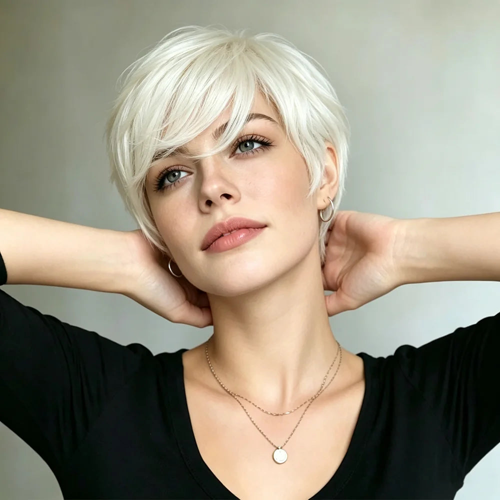 Platinum Blonde Short Pixie Cut Wigs Human Hair Layered Straight Human Hair Wigs with Bangs Soft Hair for Women Machine Made Cap