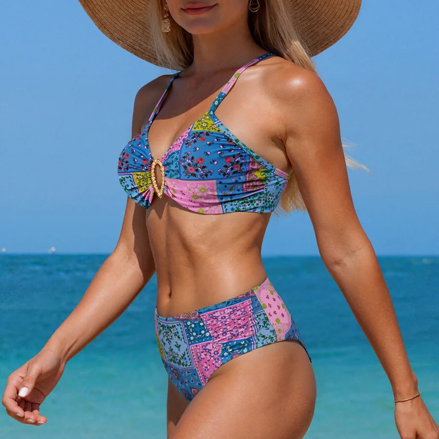 Women Boho Bikini Sets Floral Patchwork High Waist 2 Pieces Swimsuit Vintage Printed Female Bathing Suit Beach Vacation Pool