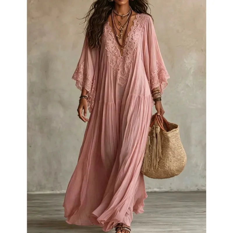 Boho Vintage Women's Summer Dress Lace Trim V Neck Flowy Maxi Dresses Women Flared Sleeve Loose Elegant Holiday Robe Vestidos