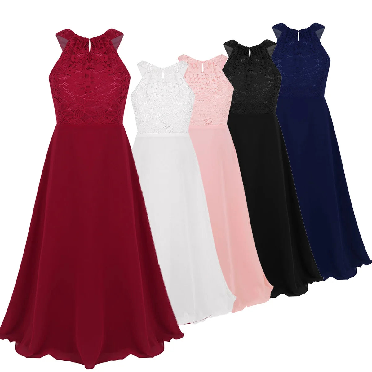 Summer Fashion Flower Girls Dress Wedding  Birthday Party Kids Long Dress Vestido Elegant Halter Neck Floral Lace Princess Dress