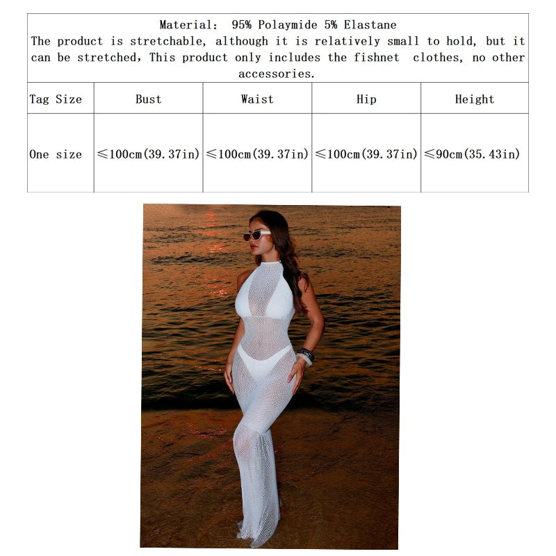 Women Summer Bodycon Dress Beach See Cover Up Hollow Out Beachwear  Without Underwear Sheer Mesh Fishnet Music festival Swimsuit