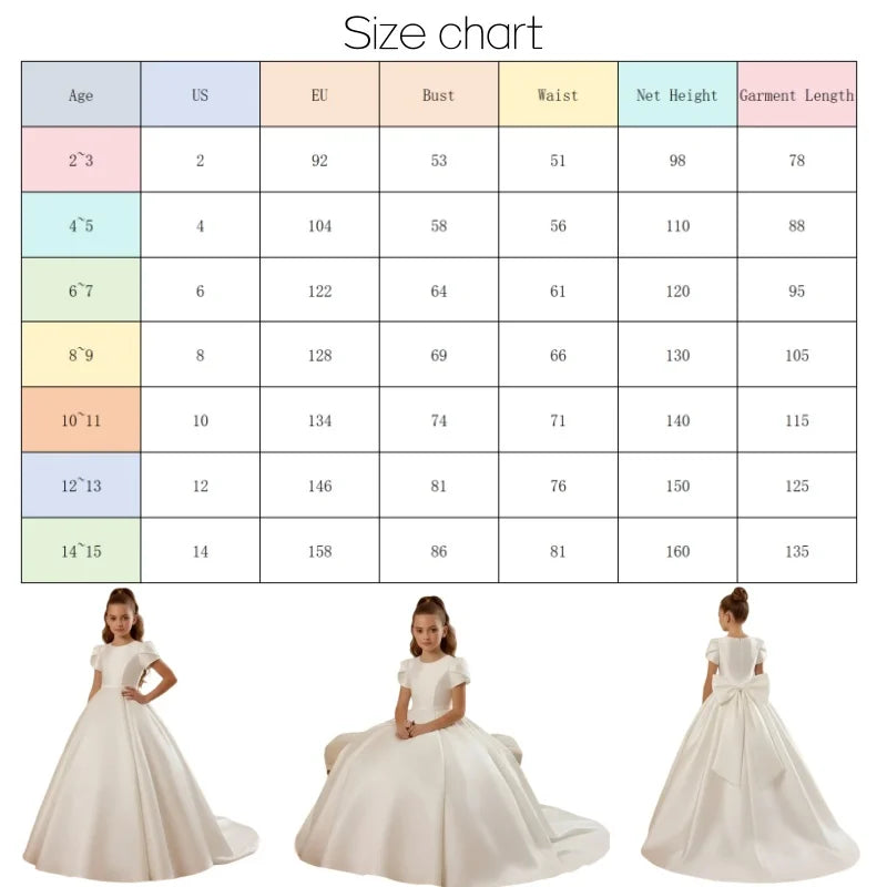 White Flower Girl Dress for Wedding With Bow Satin Floor Length Elegant First Communion Ball Birthday Party Gowns