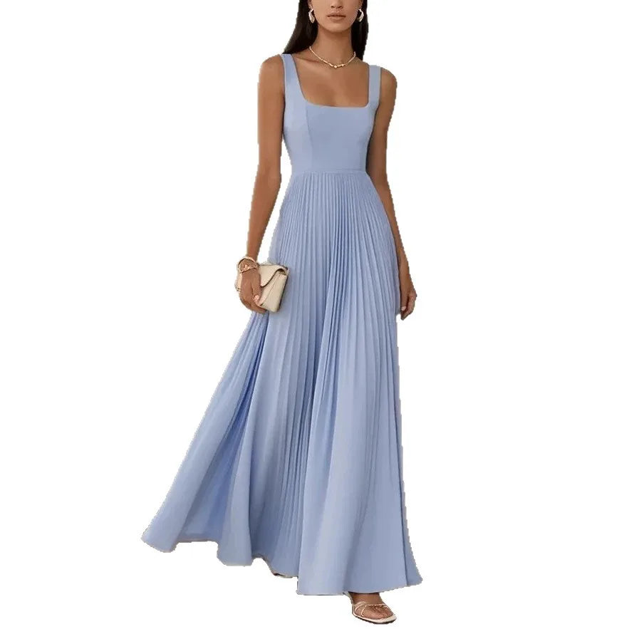 New Summer Evening Dress for Women French Retro Square Neck Spaghetti Strap Dress Vestidos De Fiesta