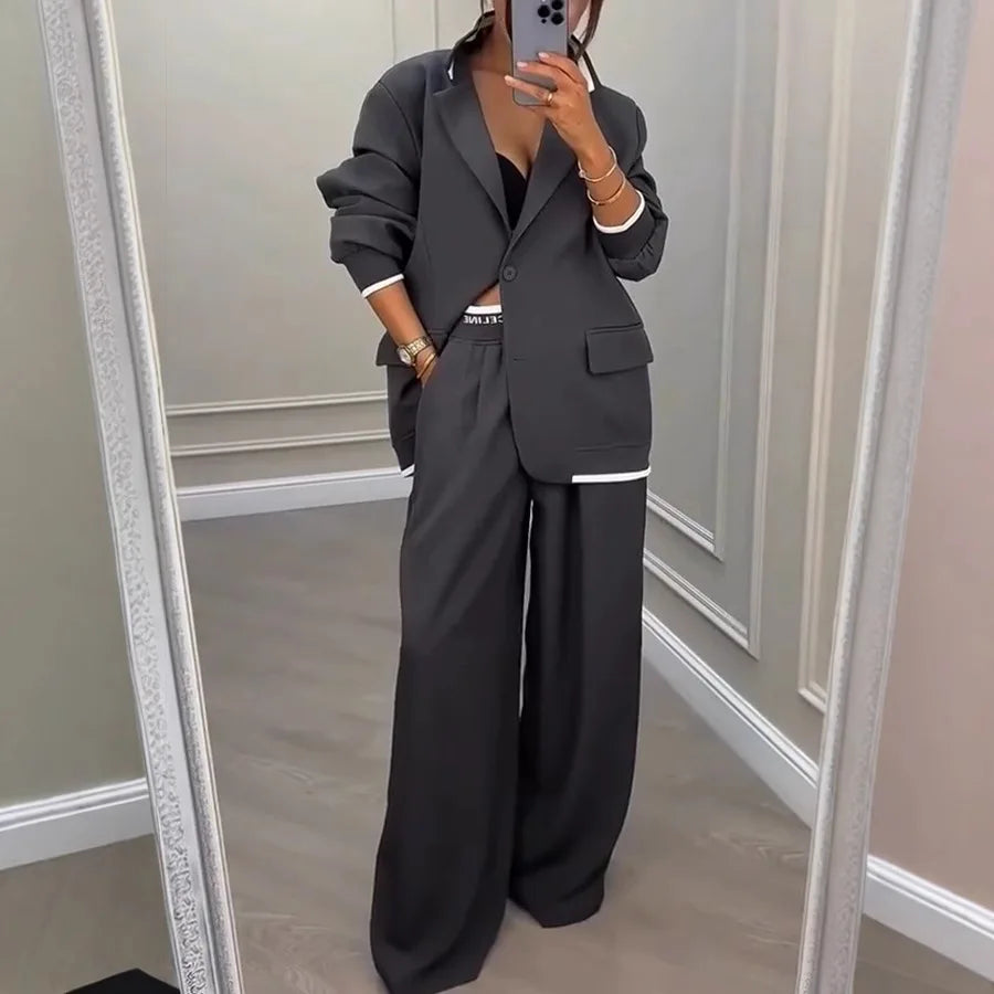 Women Suit Jacket Pants 2 Pieces Set Coat Wide Leg Trousers Outfits Single Breasted Turn Down Collar Office Lady Ensemble Autumn