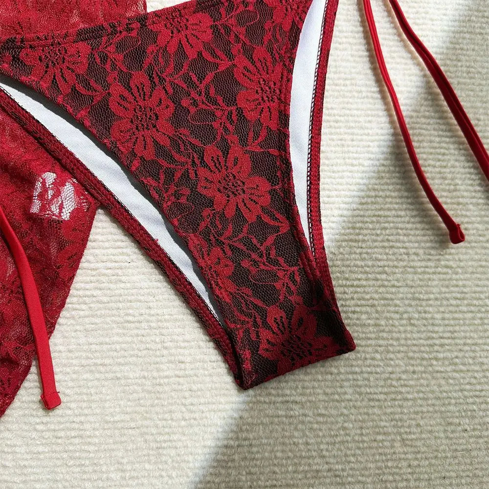3Pcs/Set Fashion Summer Lace Bikinis Brazilian Party Swimwear Casual Beachwear Women Swimsuit Beach