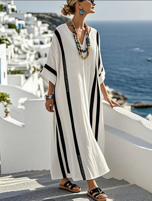 Summer Vintage Contrasting Stripes Printed Loose Dresses Women New V-neck Half Sleeve Dress Casual Vacation Beach Dress Vestidos
