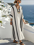 Summer Vintage Contrasting Stripes Printed Loose Dresses Women New V-neck Half Sleeve Dress Casual Vacation Beach Dress Vestidos
