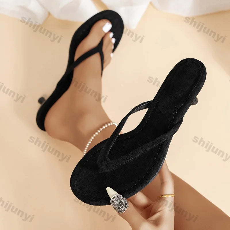 2026 Summer Fashion Thin Heels Clip Toe Slippers Women Comfort Round Clip Toe Low Heel Sandals Mules Shoes Zapatos De Mujer