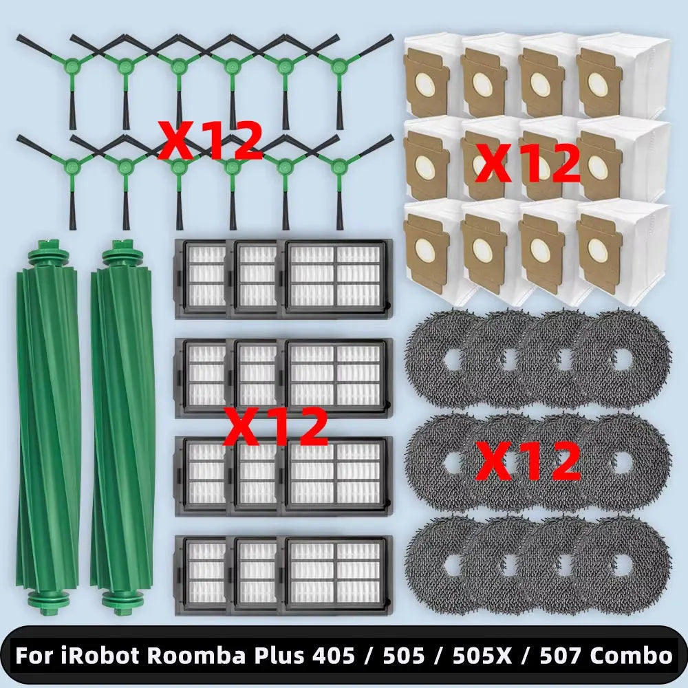 Compatible For ( iRobot Roomba Plus 405 / 505 / 505X / 507 Combo ) Parts Accessories Kits Main Side Brush Filter Mop Pad Dust Ba
