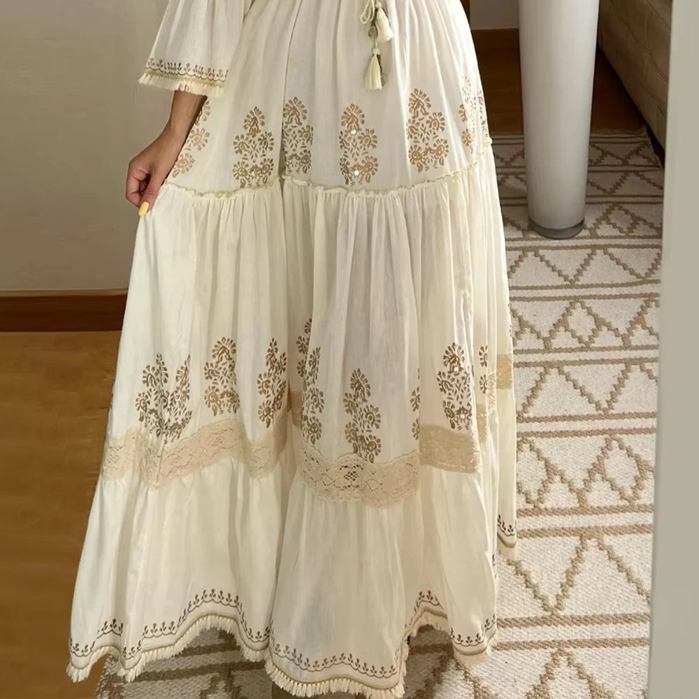 Women's Summer Boho Floral Print Long Dress Sexy V-Neck Dresses Female Beach Holiday Flowy Dress Ladies Elegant Vintage Vestidos