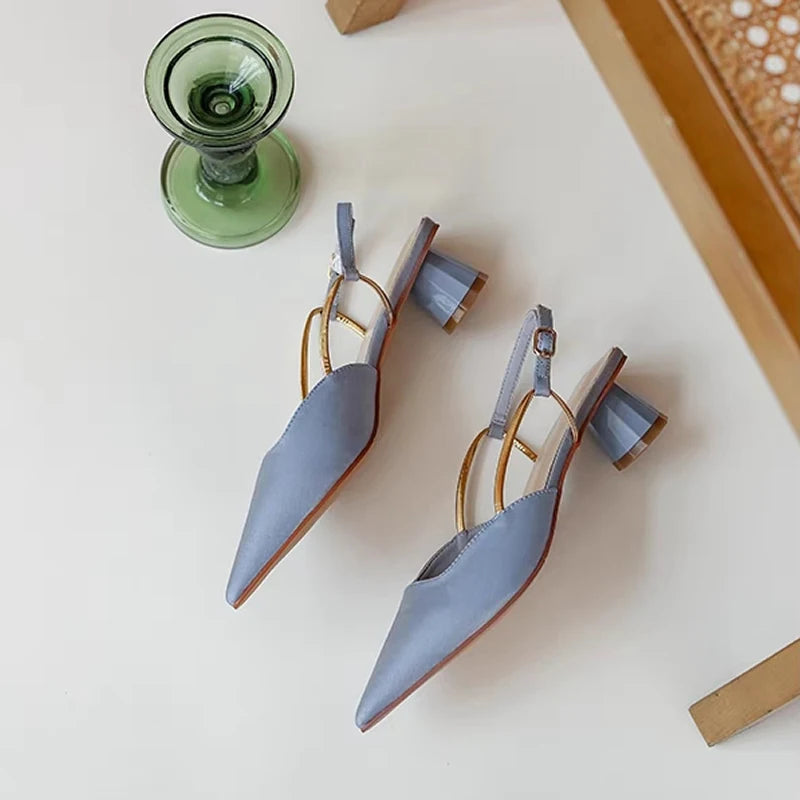 French Satin Style Sandals 2023 Spring Women New Pointed Mid Heel Design Luxury Versatile Single Shoes Zapatos De Mujer Trafza