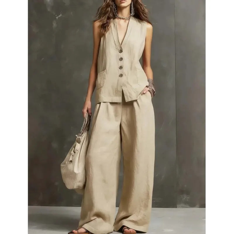 Women's Fashion Solid Linen Cotton Casual Two Piece Sets Summer V-neck Single-breasted Vest Top And Wide-leg Trousers Outfits