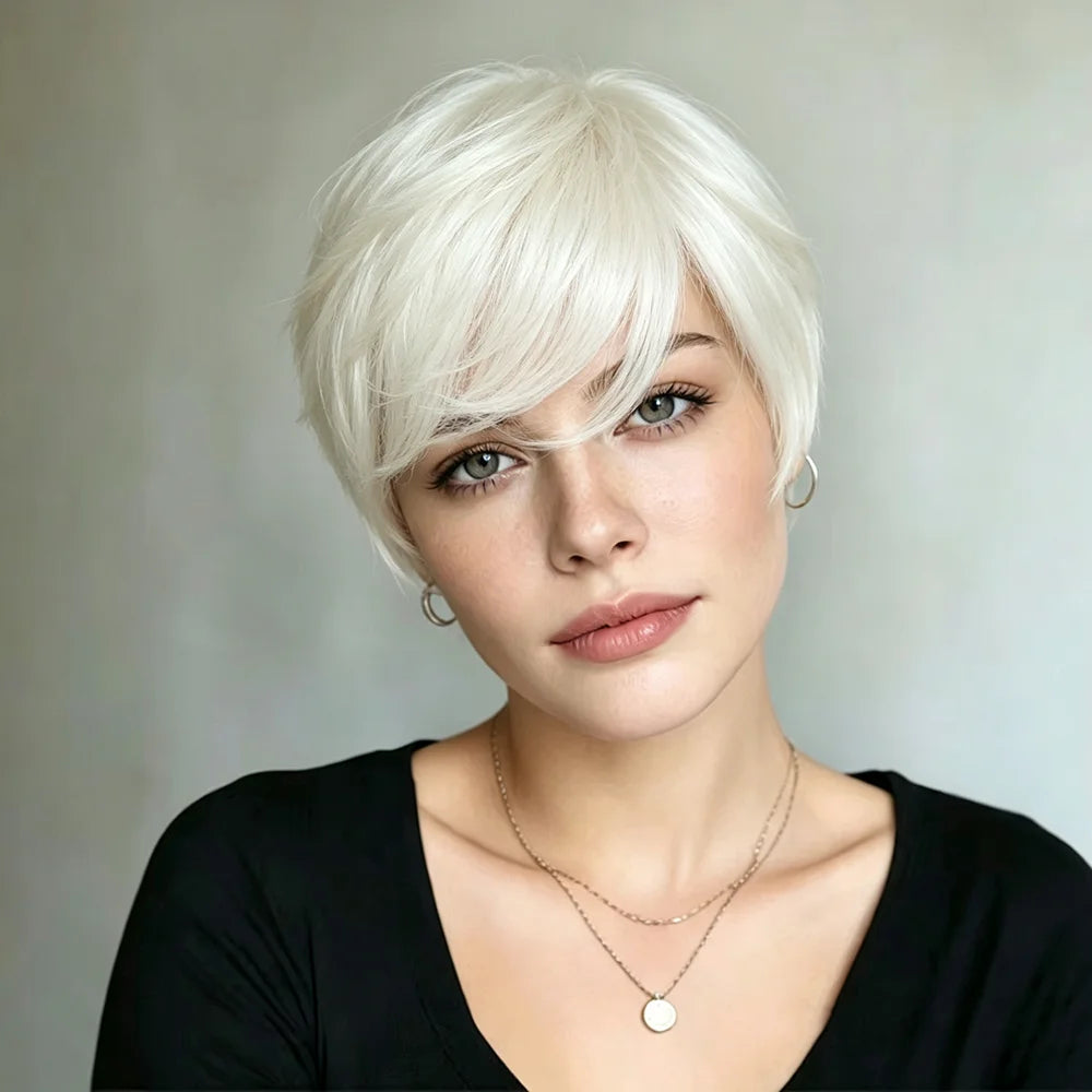 Platinum Blonde Short Pixie Cut Wigs Human Hair Layered Straight Human Hair Wigs with Bangs Soft Hair for Women Machine Made Cap