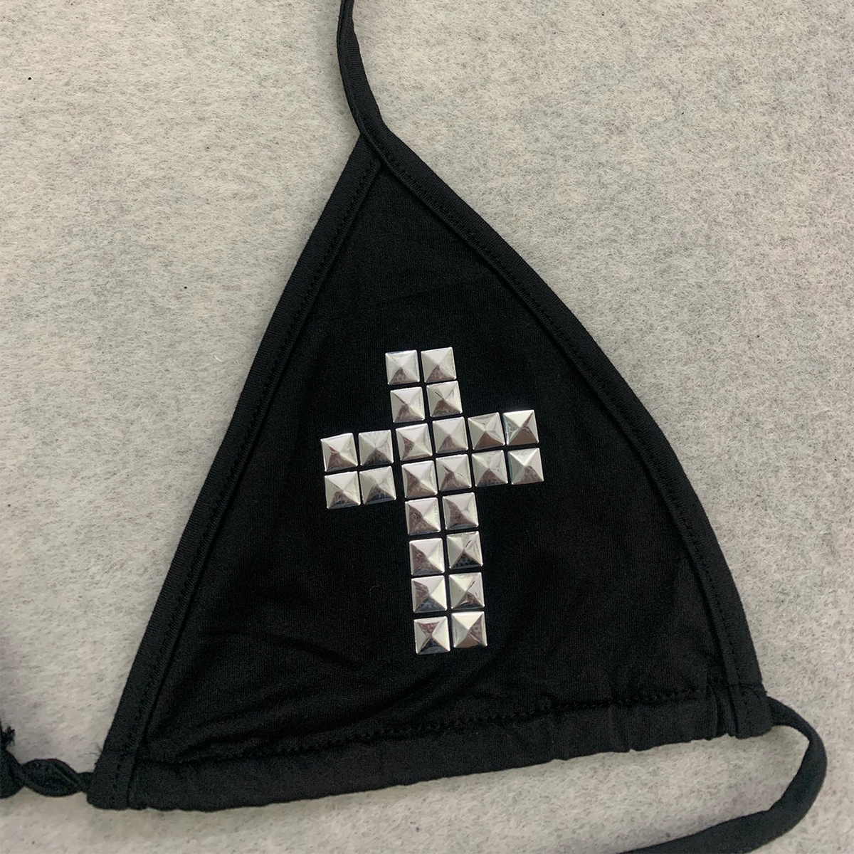 Women Black Studded Cross Bikini Tops Triangle Halter Tie Back Swim Bra Goth Punk Y2K Beach Swimwear Sexy Summer 2026 New S/M/L
