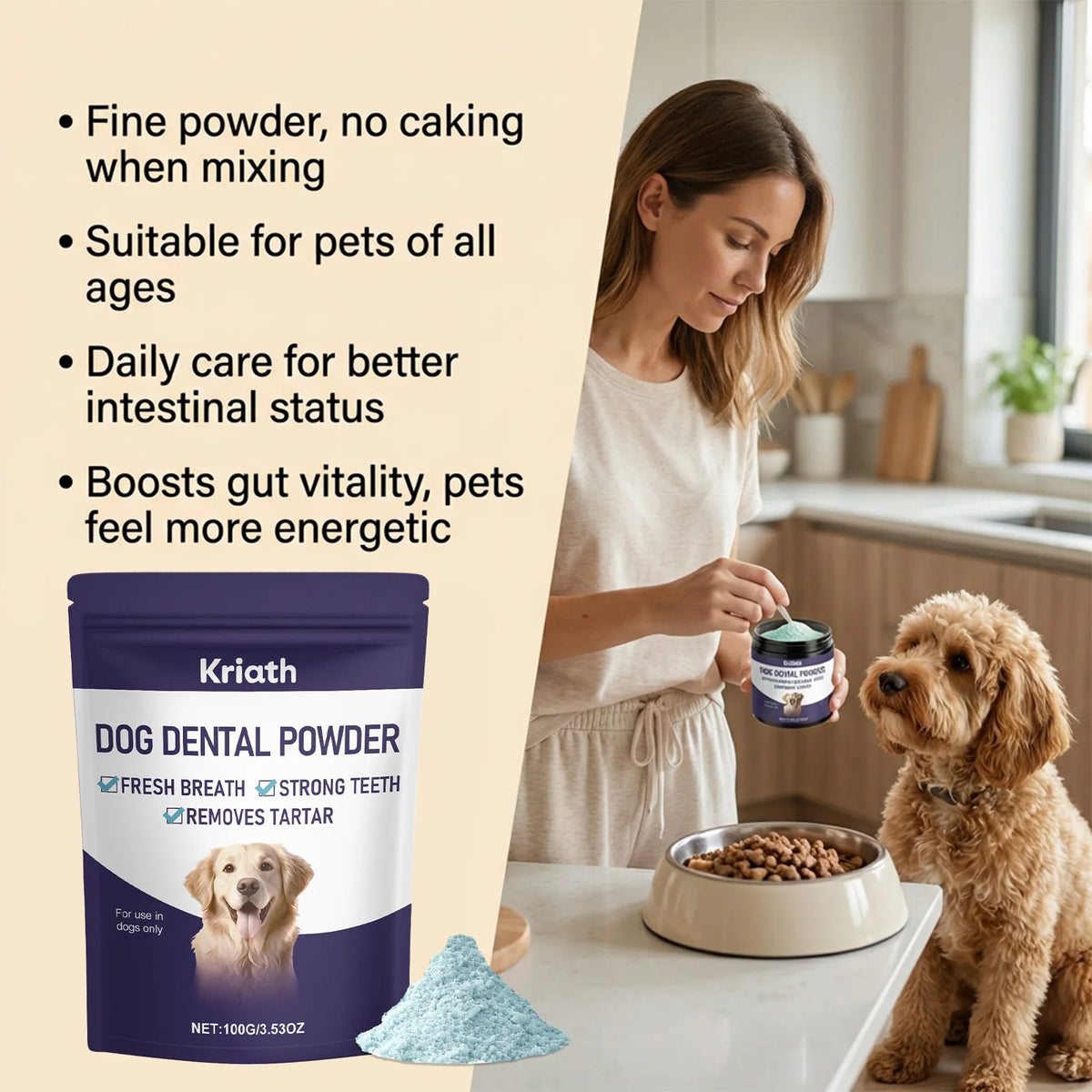 Pet Dental Care Powder Natural Teeth Cleaning Plaque Tartar Control Healthy Gums Boost Immunity Vitality Dog Breath Freshener